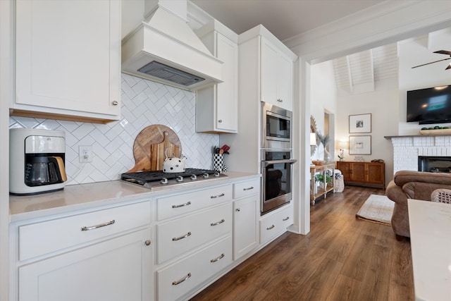 kitchen featuring stainless steel appliances, custom range hood, open floor plan, decorative backsplash, and dark wood finished floors