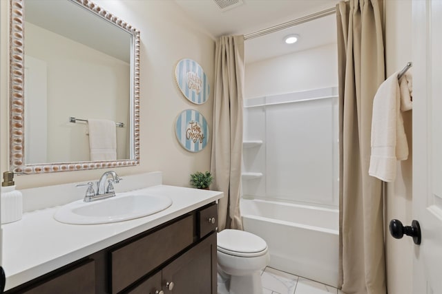 bathroom featuring toilet, vanity, shower / bath combination with curtain, and recessed lighting