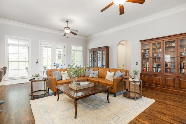109 Allenhurst Cir, Franklin, TN 37067 - living area with ceiling fan, crown molding, arched walkways, and dark wood-style flooring