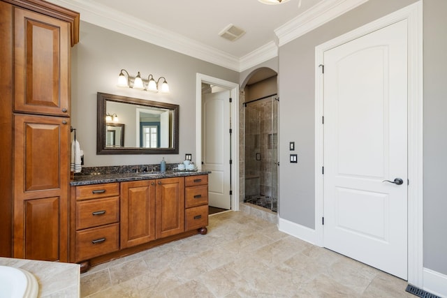 109 Allenhurst Cir, Franklin, TN 37067 - full bath featuring ornamental molding, a stall shower, vanity, and baseboards