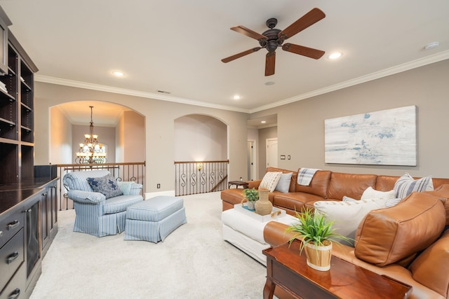 109 Allenhurst Cir, Franklin, TN 37067 - living area with a ceiling fan, light carpet, a chandelier, recessed lighting, and ornamental molding