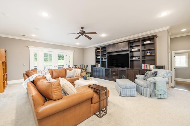 109 Allenhurst Cir, Franklin, TN 37067 - living area featuring light colored carpet, recessed lighting, a ceiling fan, plenty of natural light, and ornamental molding