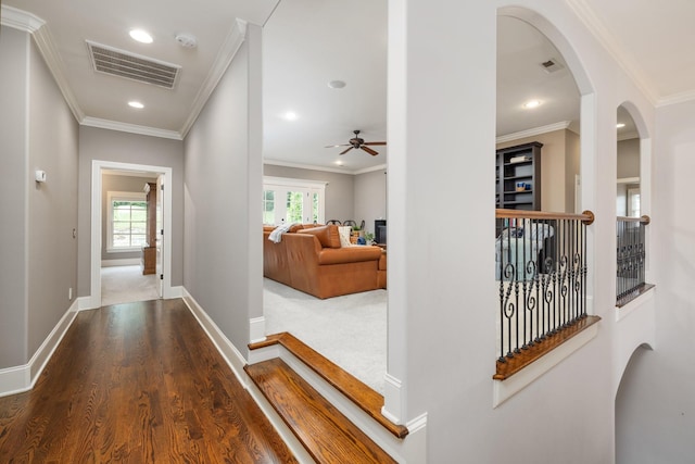 109 Allenhurst Cir, Franklin, TN 37067 - corridor featuring wood finished floors, ornamental molding, baseboards, arched walkways, and recessed lighting
