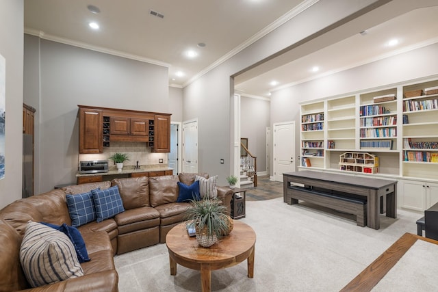 109 Allenhurst Cir, Franklin, TN 37067 - living room featuring ornamental molding, stairs, recessed lighting, and baseboards