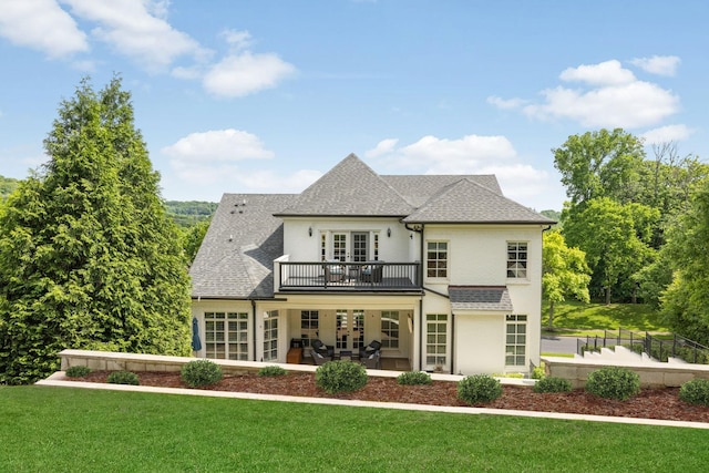 109 Allenhurst Cir, Franklin, TN 37067 - rear view of house with french doors, a patio area, a lawn, a balcony, and a shingled roof