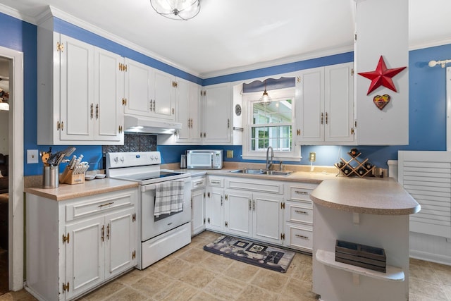 1403 Manor Rd, Columbia, TN 38401 - kitchen featuring white appliances, under cabinet range hood, a sink, light countertops, and white cabinets