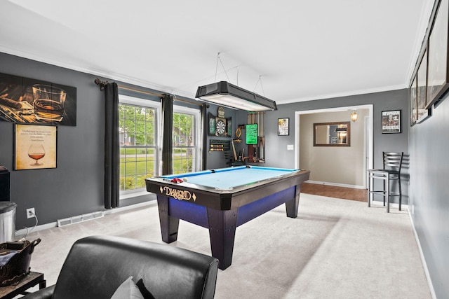 1403 Manor Rd, Columbia, TN 38401 - recreation room with light carpet, billiards table, crown molding, and baseboards