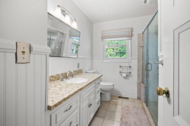 1403 Manor Rd, Columbia, TN 38401 - full bathroom with a shower stall, a wainscoted wall, vanity, toilet, and tile patterned floors