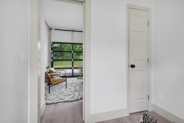 corridor featuring wood finished floors and baseboards