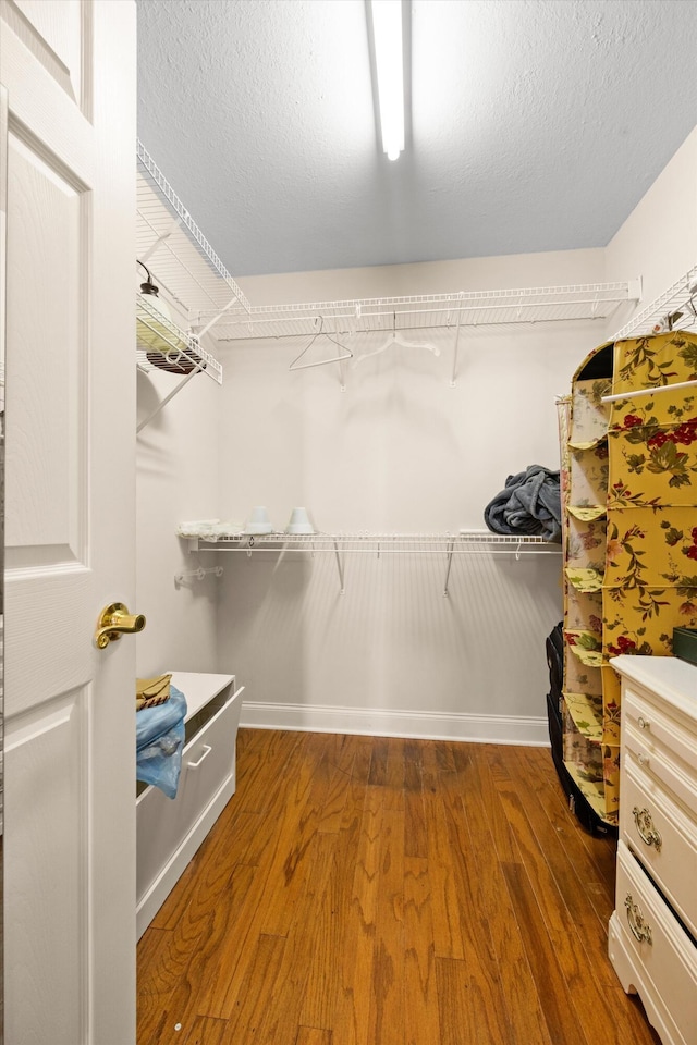 walk in closet with wood finished floors