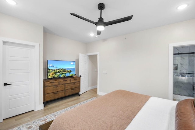 178 Charleston Ave, Pleasant View, TN 37146 - bedroom with light wood finished floors, recessed lighting, baseboards, a ceiling fan, and ensuite bath