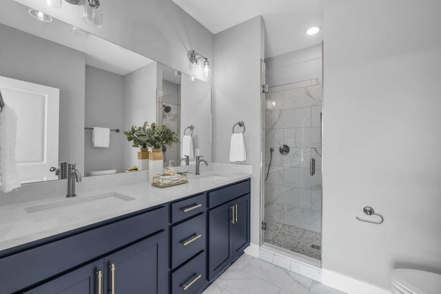 1587 Adams St, Chattanooga, TN 37408 - bathroom with toilet, marble look tile flooring, a shower stall, and double vanity