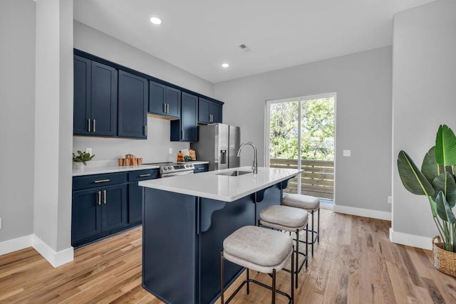 1587 Adams St, Chattanooga, TN 37408 - kitchen featuring a kitchen bar, blue cabinets, appliances with stainless steel finishes, baseboards, and recessed lighting