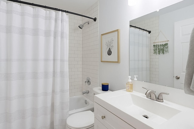 bathroom with toilet, vanity, and shower / bathtub combination with curtain