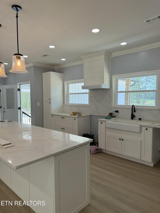 222 Ten Mile Ln, Ten Mile, TN 37880 - kitchen with healthy amount of natural light, backsplash, light stone countertops, a sink, and ornamental molding