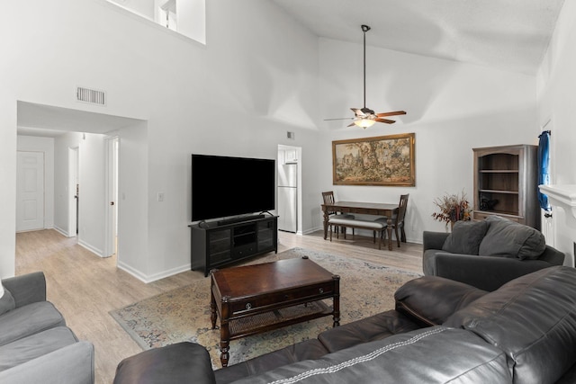 1129 W Main St Unit 21, Franklin, TN 37064 - living room with high vaulted ceiling, ceiling fan, light wood-style floors, and baseboards