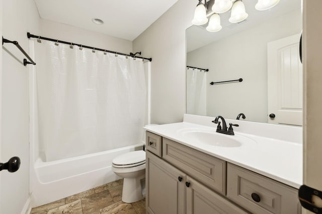 1403 Wade Hampton Ct, Lebanon, TN 37087 - bathroom with toilet, vanity, stone finish flooring, shower / bath combo, and a chandelier