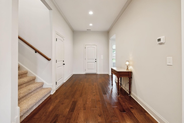 1403 Wade Hampton Ct, Lebanon, TN 37087 - doorway featuring ornamental molding, stairs, dark wood-style floors, baseboards, and recessed lighting