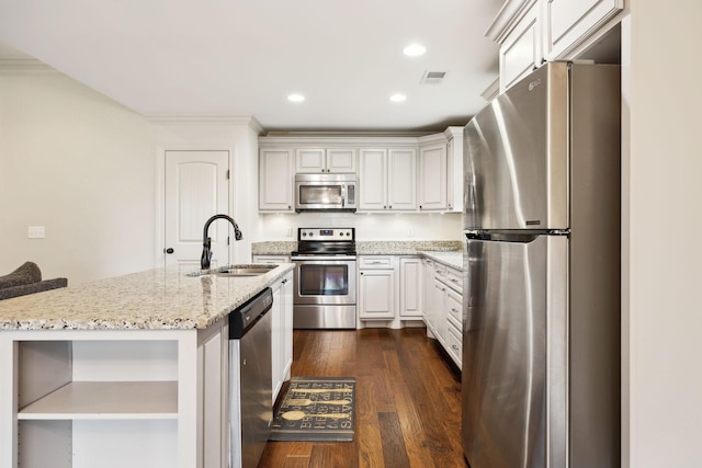 1403 Wade Hampton Ct, Lebanon, TN 37087 - kitchen featuring stainless steel appliances, a sink, open shelves, dark wood-style floors, and light stone countertops