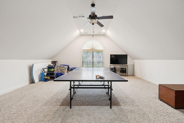 1403 Wade Hampton Ct, Lebanon, TN 37087 - rec room featuring carpet flooring, lofted ceiling, baseboards, and a ceiling fan