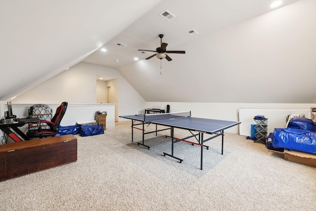 1403 Wade Hampton Ct, Lebanon, TN 37087 - recreation room with carpet, lofted ceiling, a ceiling fan, and recessed lighting