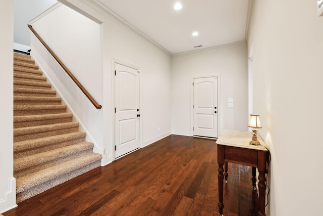 1403 Wade Hampton Ct, Lebanon, TN 37087 - entrance foyer with ornamental molding, stairway, dark wood-style flooring, recessed lighting, and baseboards