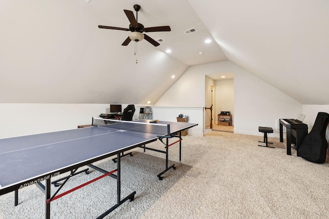 1403 Wade Hampton Ct, Lebanon, TN 37087 - recreation room featuring vaulted ceiling, ceiling fan, carpet flooring, recessed lighting, and baseboards