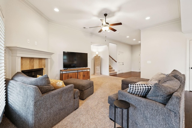 1403 Wade Hampton Ct, Lebanon, TN 37087 - living room with stairway, ceiling fan, recessed lighting, a fireplace, and ornamental molding