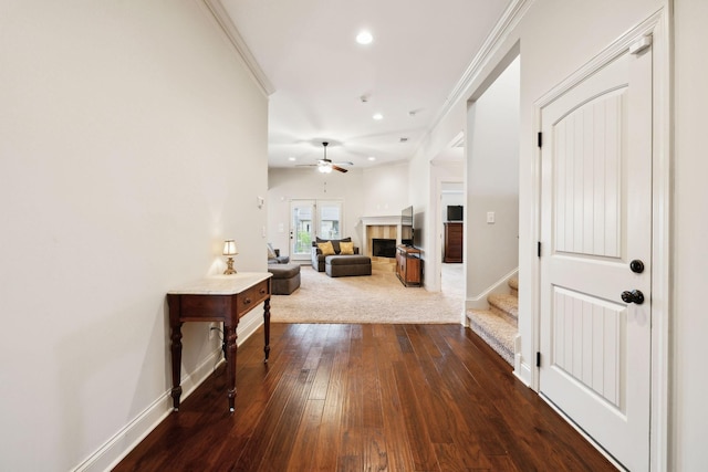 1403 Wade Hampton Ct, Lebanon, TN 37087 - hall featuring crown molding, dark wood-style floors, recessed lighting, baseboards, and stairs