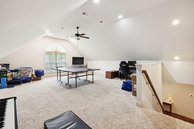 1403 Wade Hampton Ct, Lebanon, TN 37087 - game room with a ceiling fan, lofted ceiling, carpet flooring, and recessed lighting