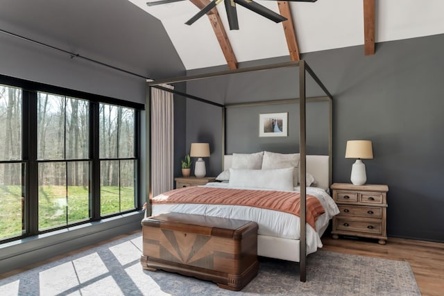 7361 Liberty Rd, Fairview, TN 37062 - bedroom featuring high vaulted ceiling, beam ceiling, wood finished floors, and ceiling fan