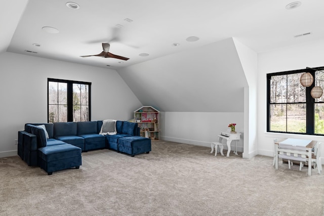 7361 Liberty Rd, Fairview, TN 37062 - living room featuring vaulted ceiling, plenty of natural light, a ceiling fan, carpet, and baseboards