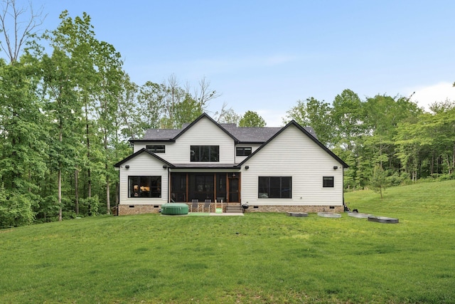 7361 Liberty Rd, Fairview, TN 37062 - rear view of house with crawl space, a sunroom, a yard, and a shingled roof