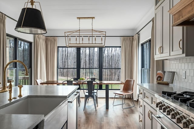 7361 Liberty Rd, Fairview, TN 37062 - kitchen with a sink, stainless steel appliances, tasteful backsplash, light wood finished floors, and hanging light fixtures