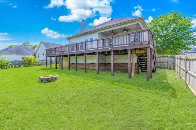 3015 Carpenters Pass, Spring Hill, TN 37174 - back of property featuring a wooden deck, an outdoor fire pit, ceiling fan, and stairs