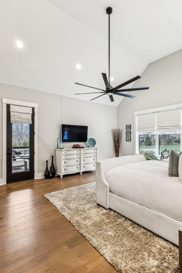 5012 Toll Road Ct, Thompsons Station, TN 37179 - bedroom with vaulted ceiling, wood finished floors, recessed lighting, a ceiling fan, and access to outside