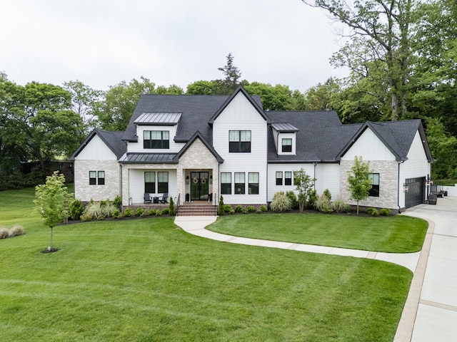 5012 Toll Road Ct, Thompsons Station, TN 37179 - modern farmhouse style home with board and batten siding, a standing seam roof, and a front yard