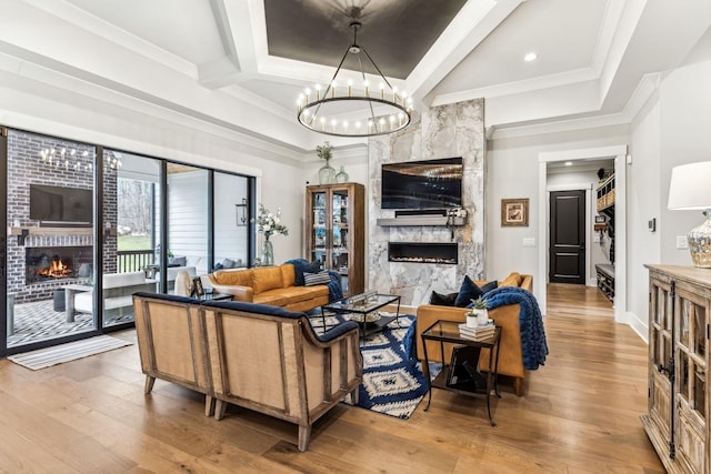 5012 Toll Road Ct, Thompsons Station, TN 37179 - living room featuring a premium fireplace, a chandelier, wood finished floors, beamed ceiling, and recessed lighting