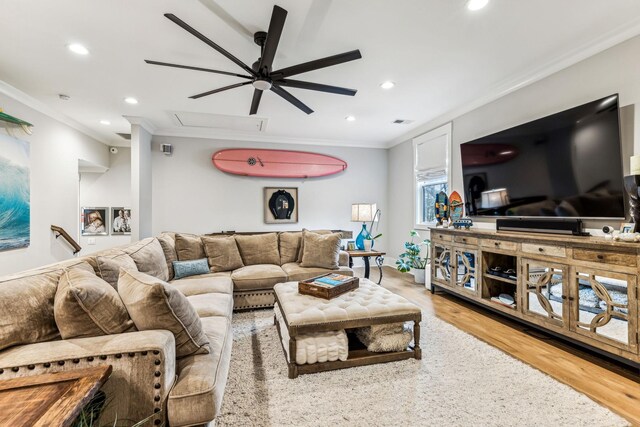 5012 Toll Road Ct, Thompsons Station, TN 37179 - living area with ceiling fan, wood finished floors, crown molding, and recessed lighting