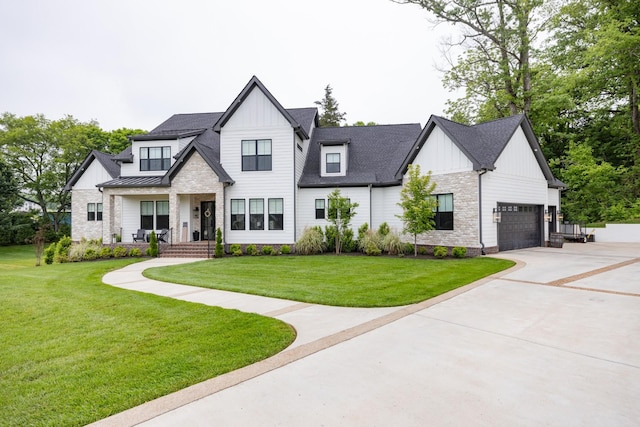 5012 Toll Road Ct, Thompsons Station, TN 37179 - modern farmhouse style home featuring board and batten siding, driveway, a front lawn, and a garage