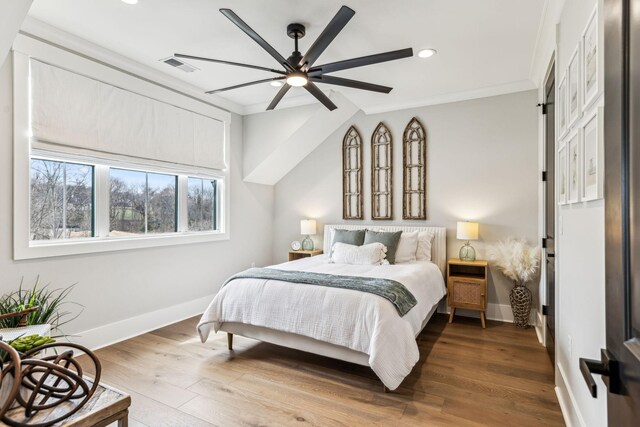 5012 Toll Road Ct, Thompsons Station, TN 37179 - bedroom featuring baseboards, wood finished floors, recessed lighting, ornamental molding, and ceiling fan