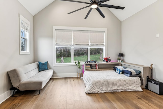 5012 Toll Road Ct, Thompsons Station, TN 37179 - bedroom featuring wood finished floors, baseboards, high vaulted ceiling, and ceiling fan