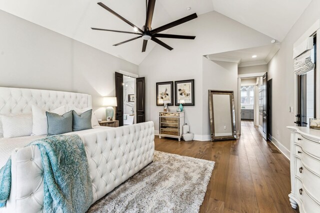 5012 Toll Road Ct, Thompsons Station, TN 37179 - bedroom with baseboards, dark wood-style floors, a ceiling fan, high vaulted ceiling, and recessed lighting