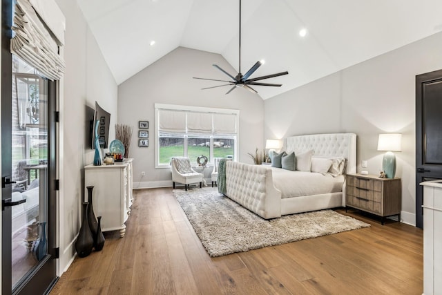 5012 Toll Road Ct, Thompsons Station, TN 37179 - bedroom featuring high vaulted ceiling, wood finished floors, ceiling fan, baseboards, and access to exterior
