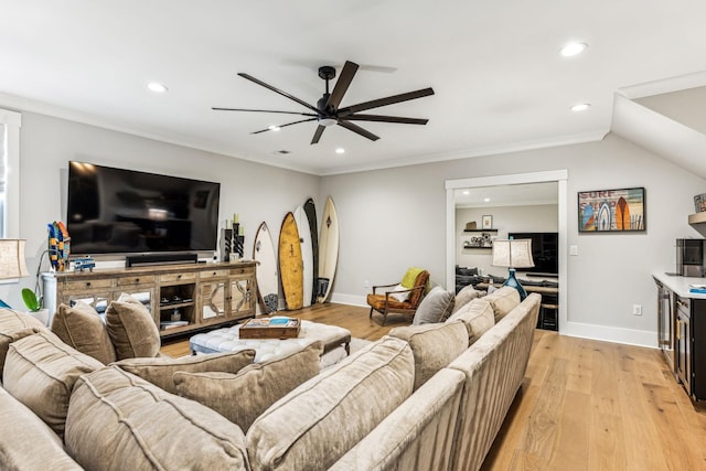 5012 Toll Road Ct, Thompsons Station, TN 37179 - living room with recessed lighting, light wood finished floors, baseboards, ceiling fan, and crown molding