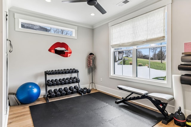 5012 Toll Road Ct, Thompsons Station, TN 37179 - exercise room with ornamental molding, wood finished floors, baseboards, recessed lighting, and a ceiling fan