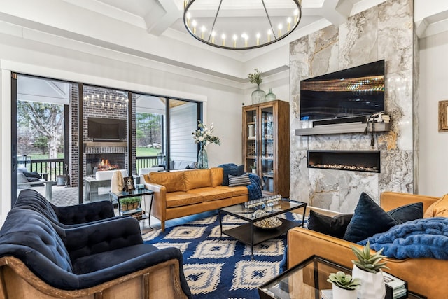 5012 Toll Road Ct, Thompsons Station, TN 37179 - living area with a premium fireplace, coffered ceiling, plenty of natural light, a chandelier, and beam ceiling