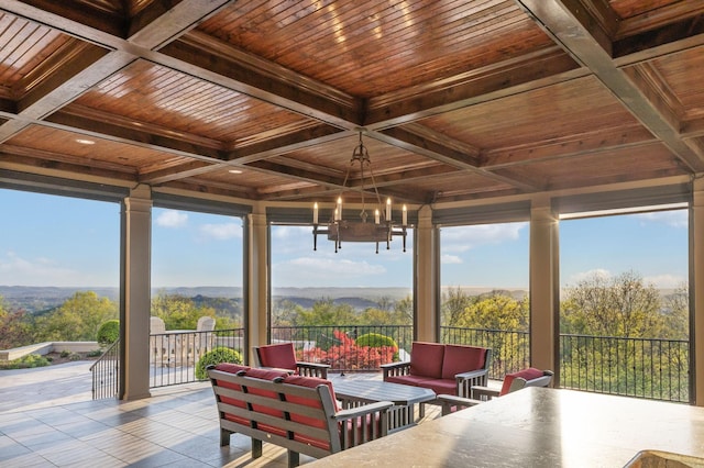 513 King Richards Ct, Franklin, TN 37067 - sunroom with wood ceiling, coffered ceiling, beamed ceiling, tile patterned floors, and plenty of natural light