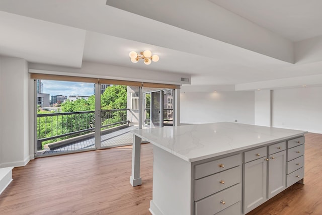 900 19th Ave S Unit 508, Nashville, TN 37212 - kitchen featuring gray cabinets, light wood-style floors, light stone counters, a kitchen island, and baseboards