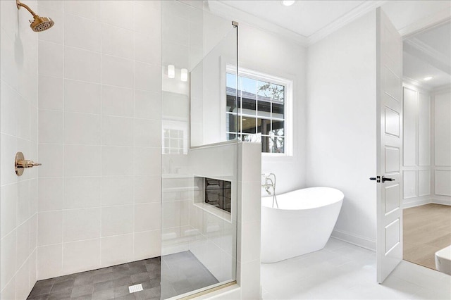 8650 Becket Way Lot # 4, Ooltewah, TN 37363 - full bathroom featuring crown molding, a walk in shower, a freestanding bath, and baseboards